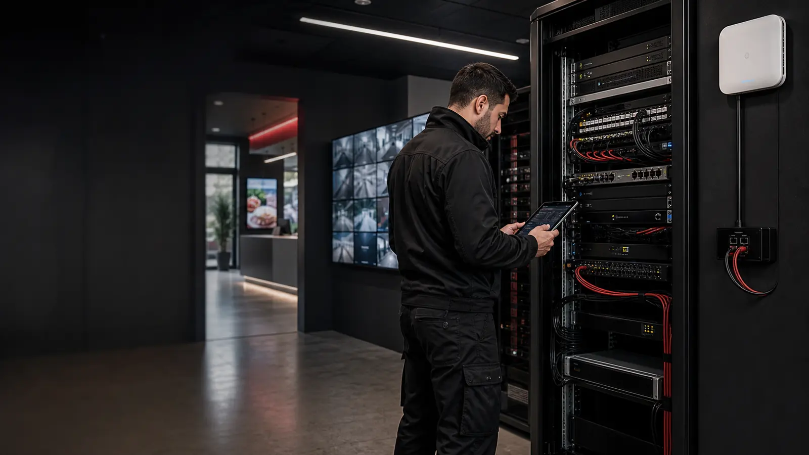 Técnico Willdor revisando un rack low-voltage organizado